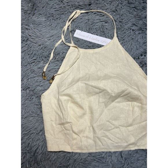HOUSE OF HARLOW 1960 Revolve ivory Linen Cropped Halter bead Tassel Tab XS NWT - Picture 2 of 5